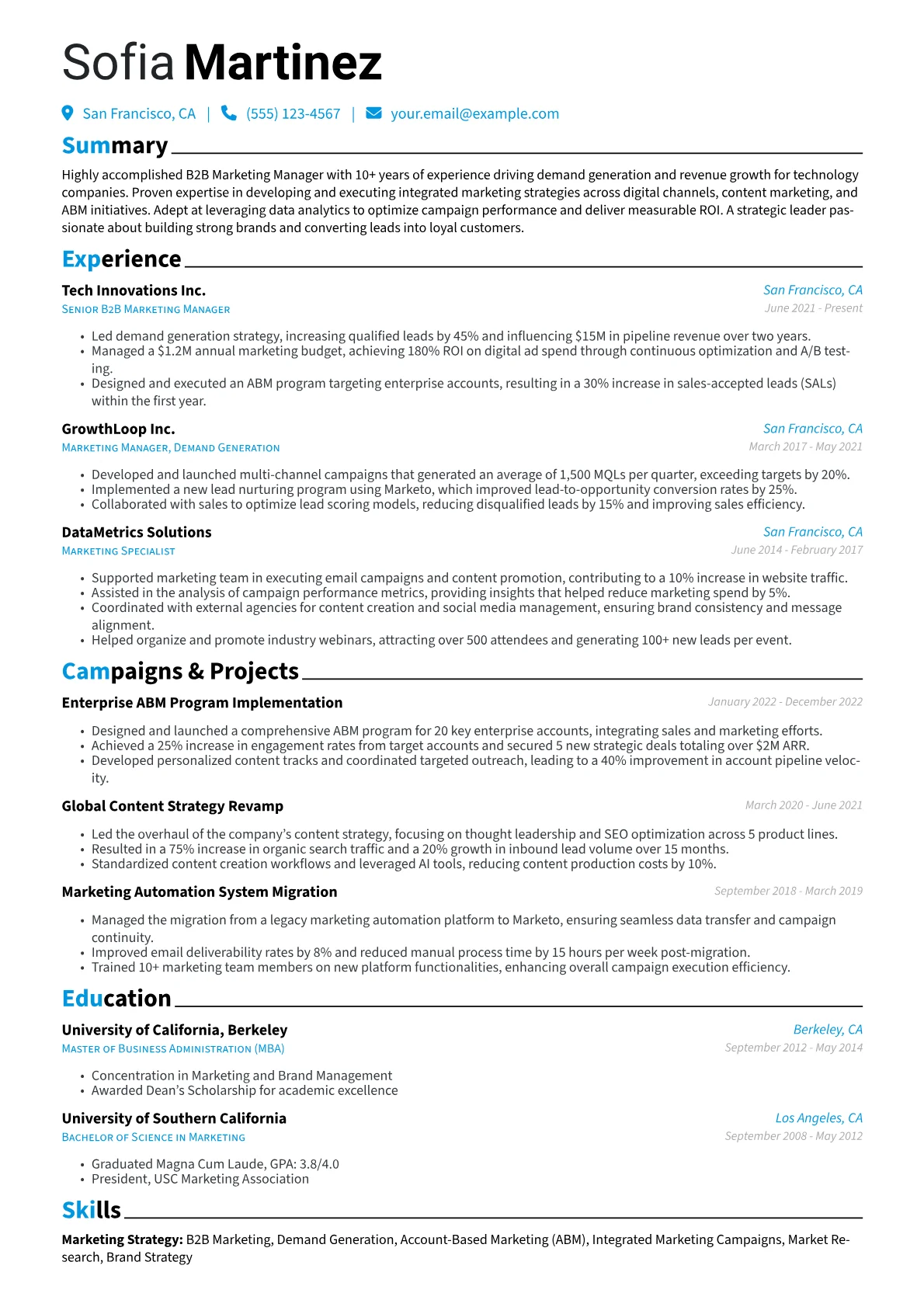 B2B Marketing Manager Resume Example CV template - Page 1