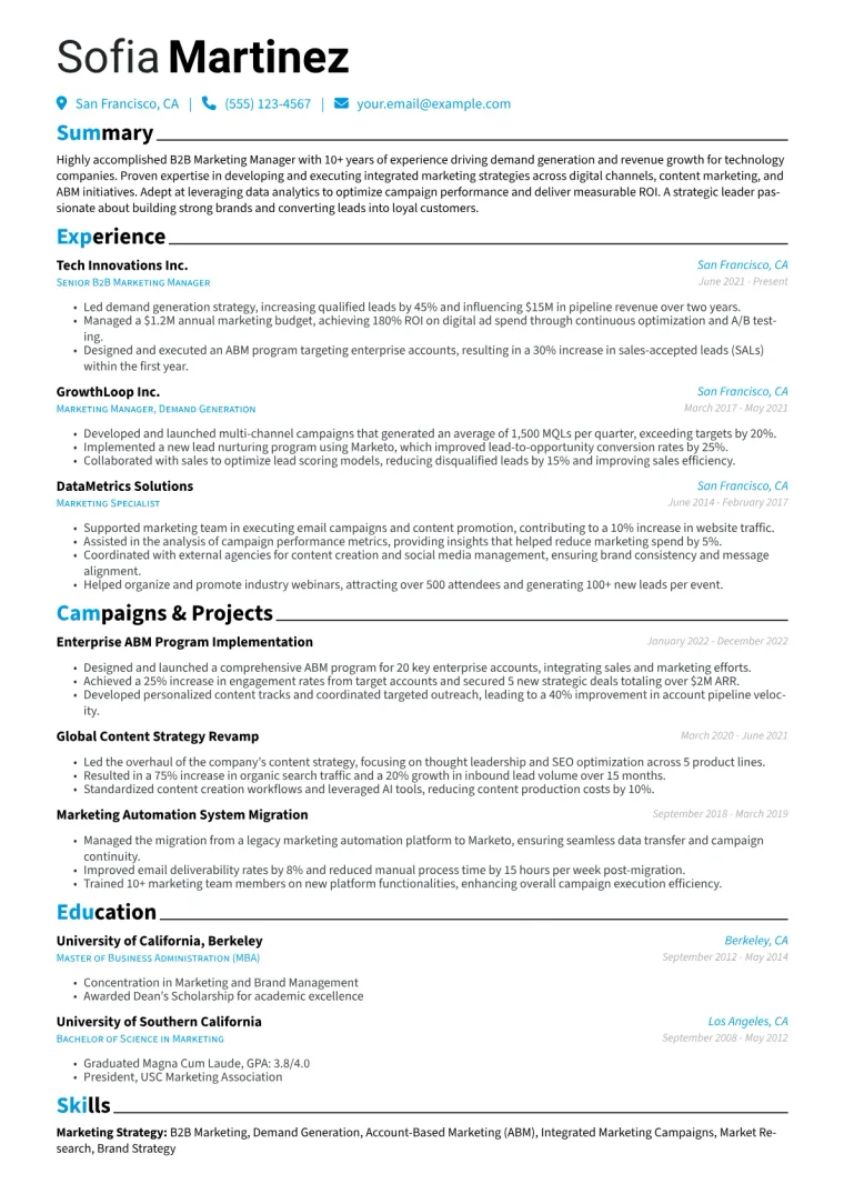 B2B Marketing Manager Resume Example CV template preview