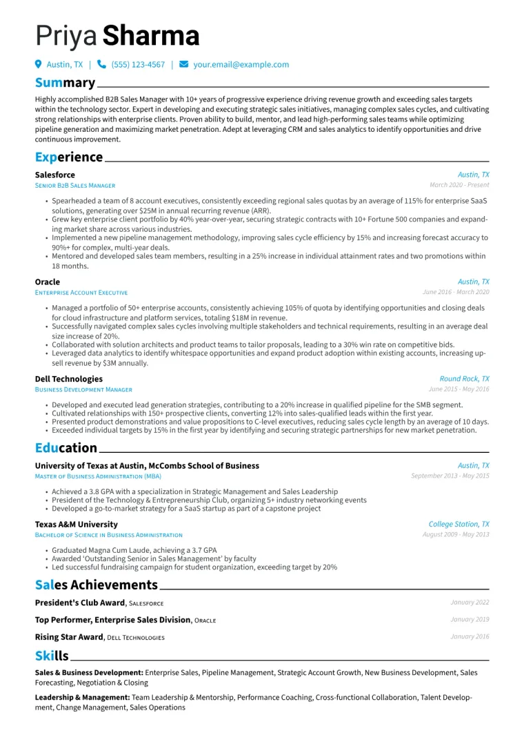B2B Sales Manager Resume Example CV template preview