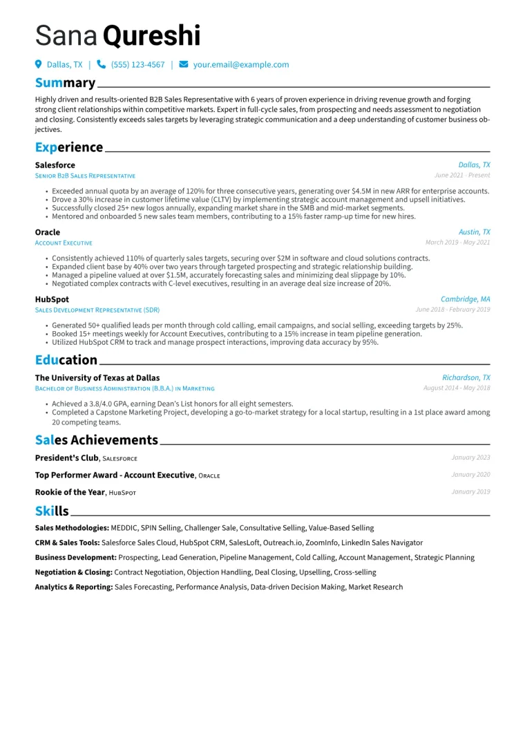 B2B Sales Representative Resume Example CV template preview