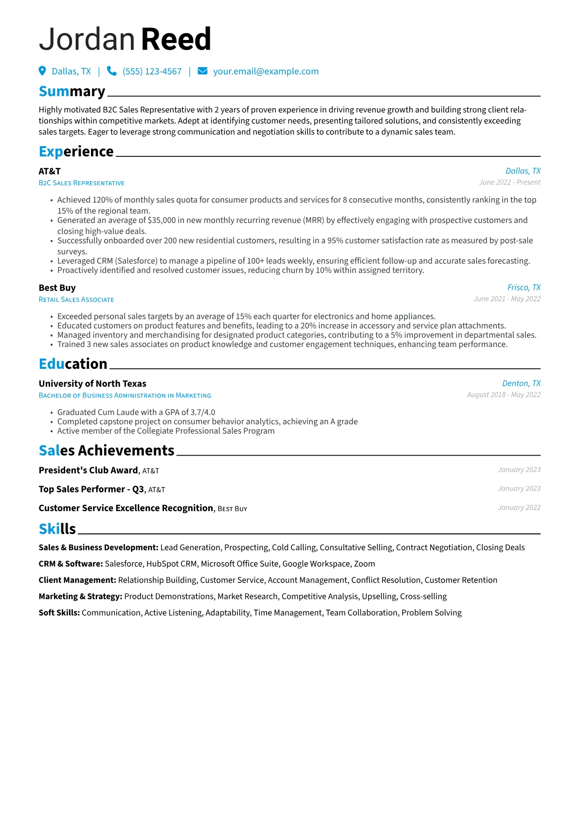 B2C Sales Representative Resume Example CV template - Page 1