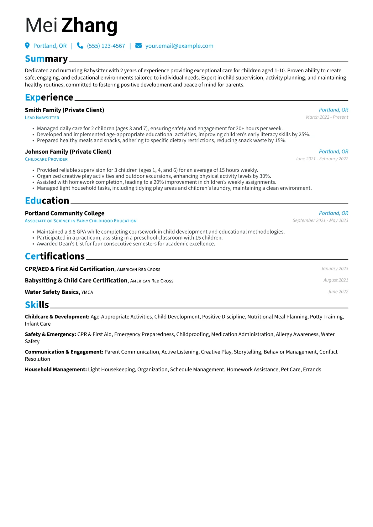 Babysitter Resume Example CV template - Page 1
