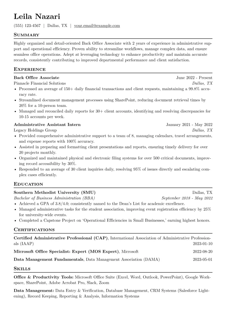 Back Office Associate Resume Example CV template preview