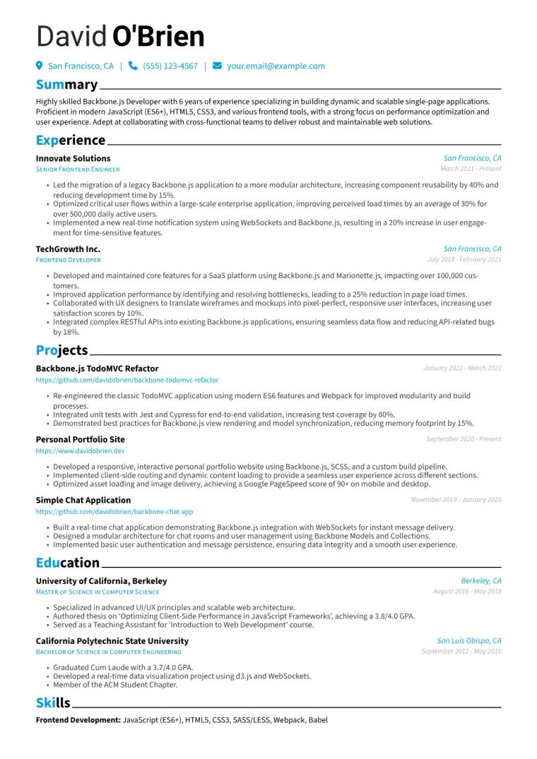 Backbone.js Developer Resume Example CV template preview