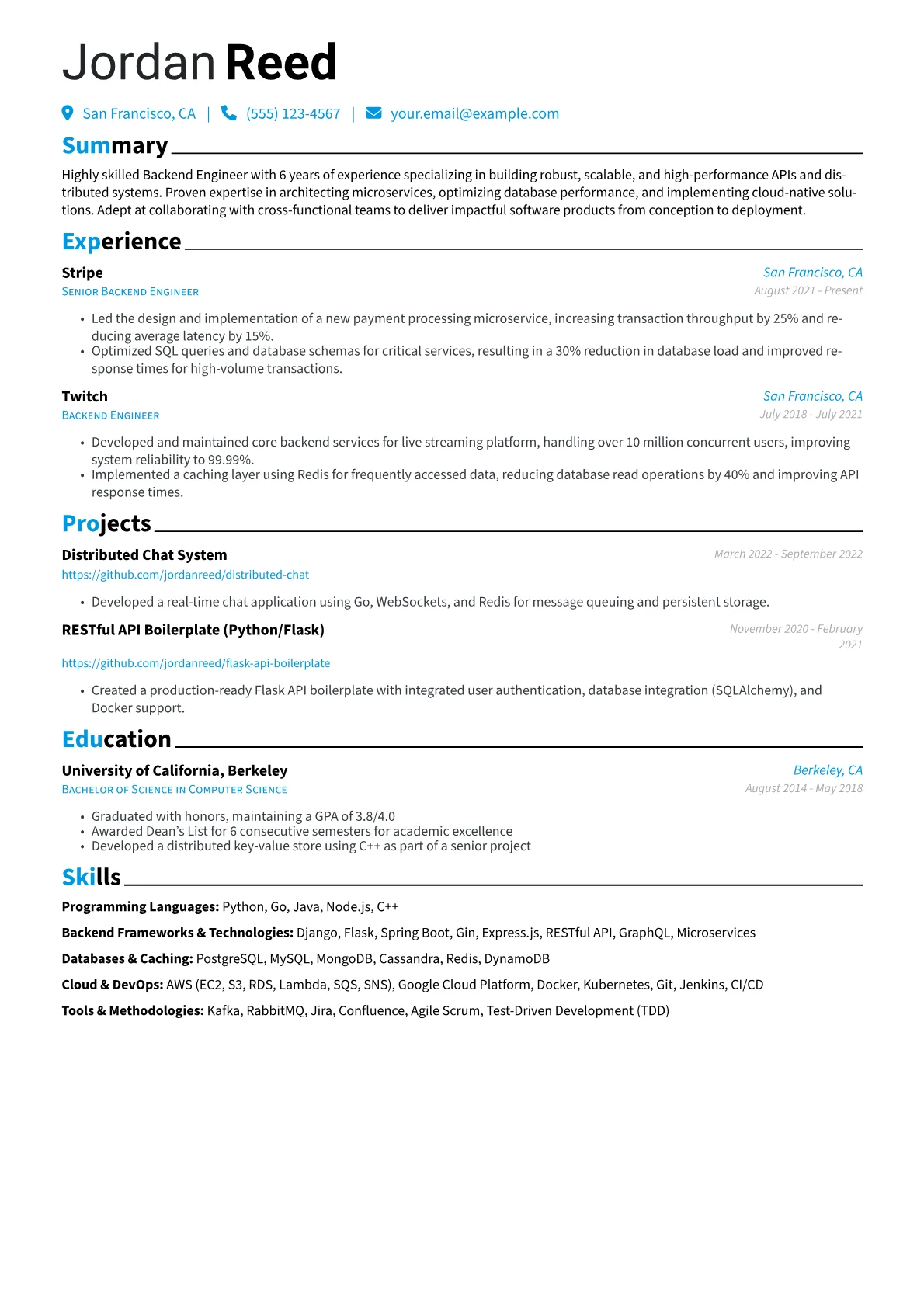 Backend Engineer Resume Example CV template - Page 1