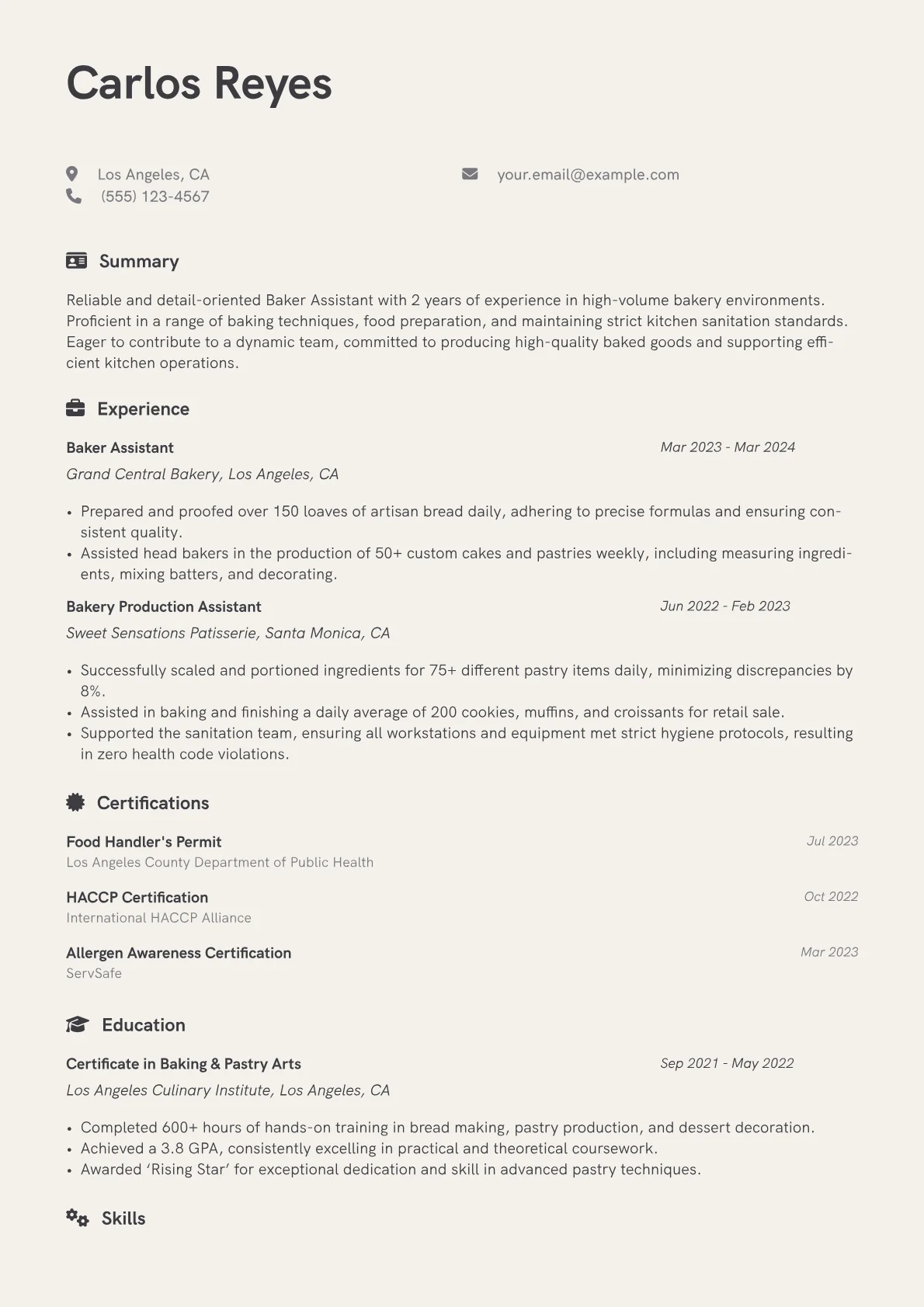 Baker Assistant Resume Example CV template - Page 1