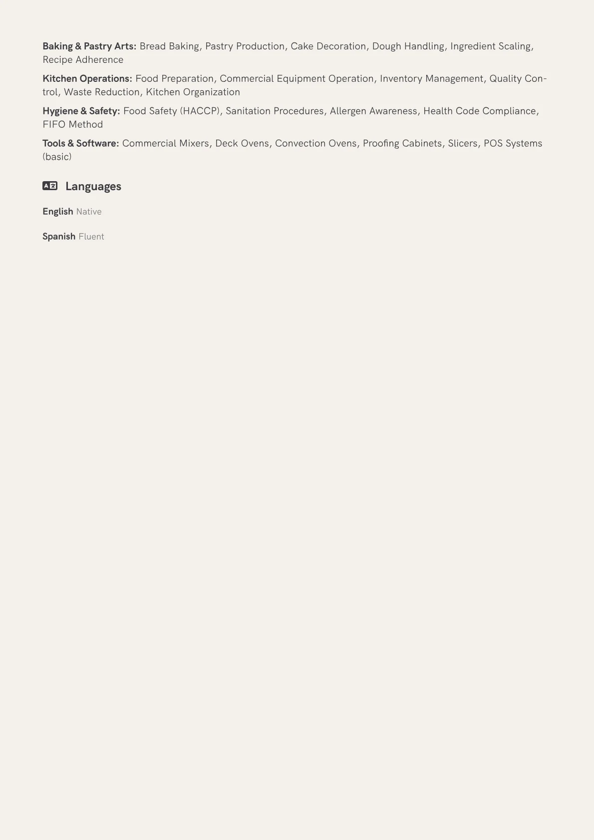Baker Assistant Resume Example CV template - Page 2