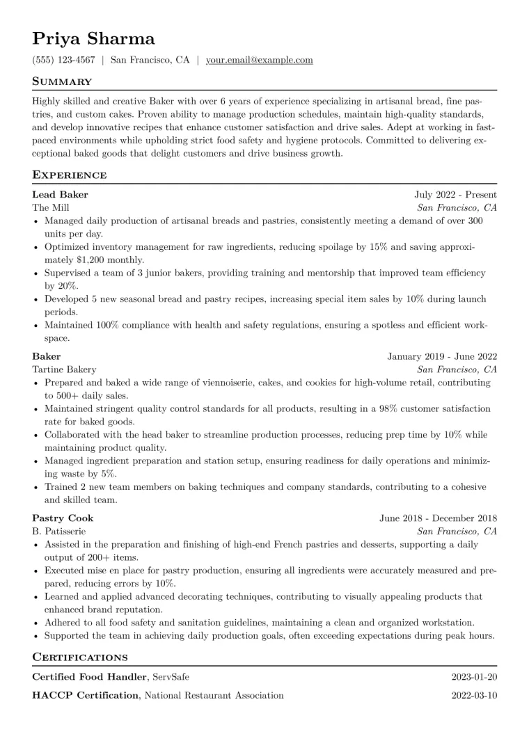 Baker Resume Example