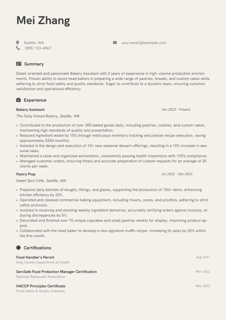 Bakery Assistant Resume Example CV template preview