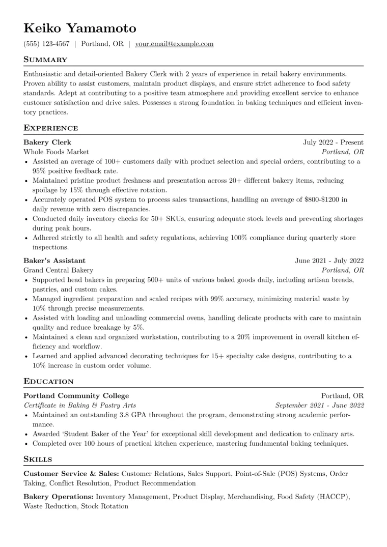 Bakery Clerk Resume Example CV template preview