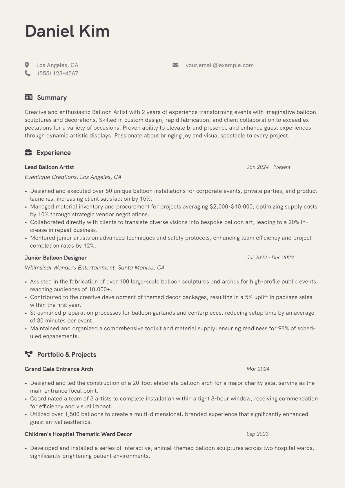 Balloon Artist Resume Example CV template - Page 1