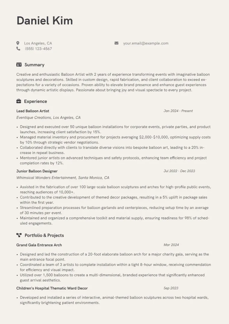 Balloon Artist Resume Example CV template preview