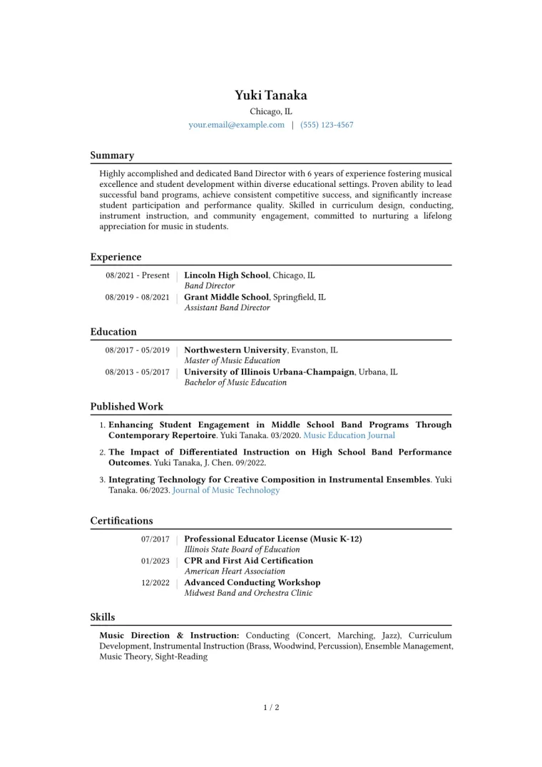 Band Director Resume Example CV template preview