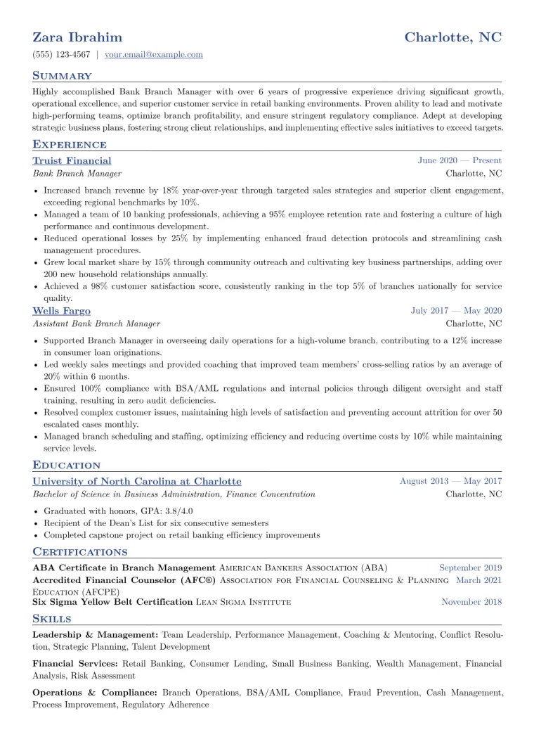 Bank Branch Manager Resume Example CV template preview