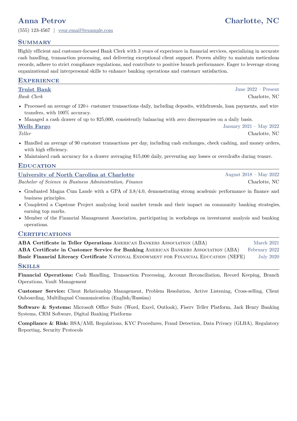 Bank Clerk Resume Example CV template - Page 1