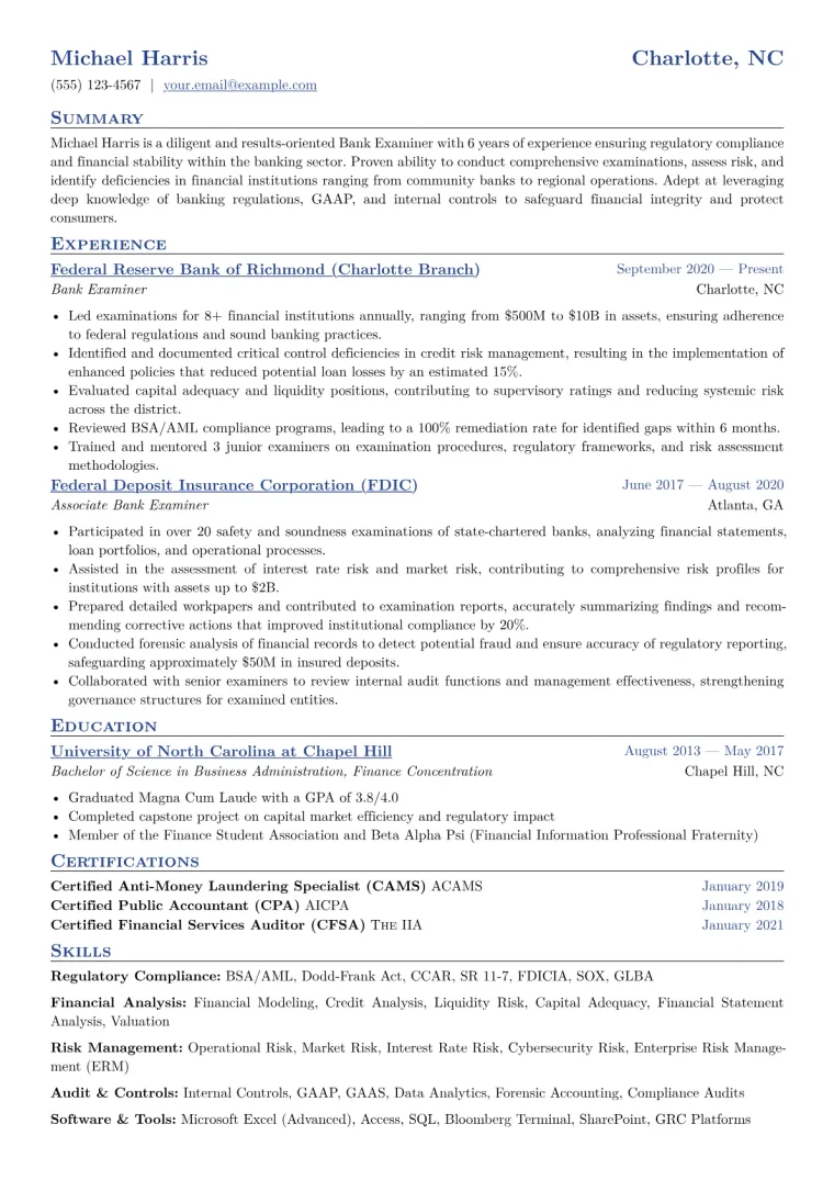 Bank Examiner Resume Example CV template preview
