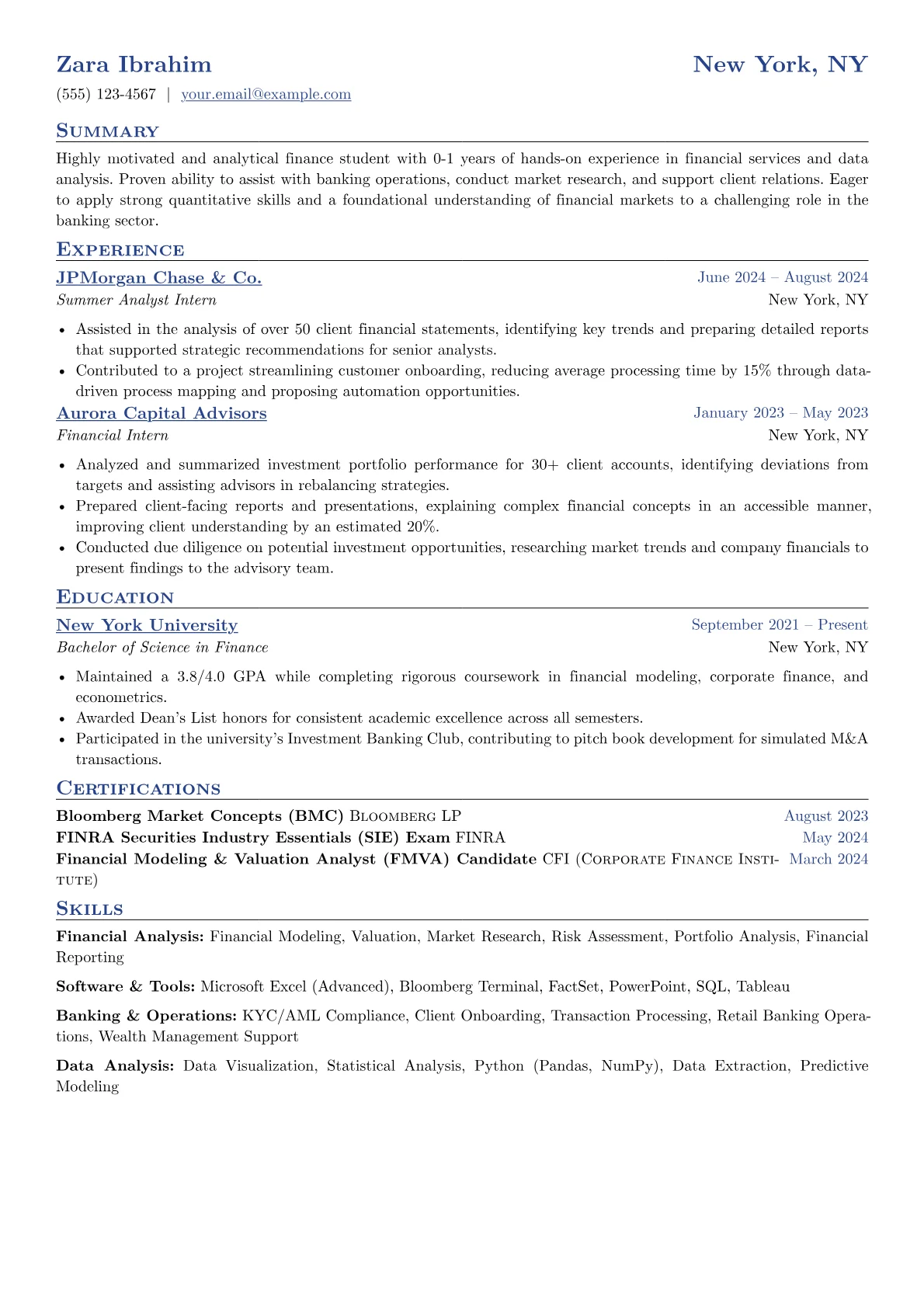 Bank Intern Resume Example CV template - Page 1