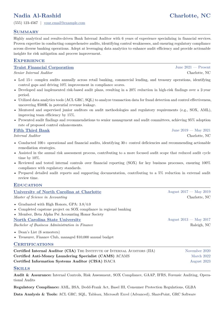 Bank Internal Auditor Resume Example CV template preview