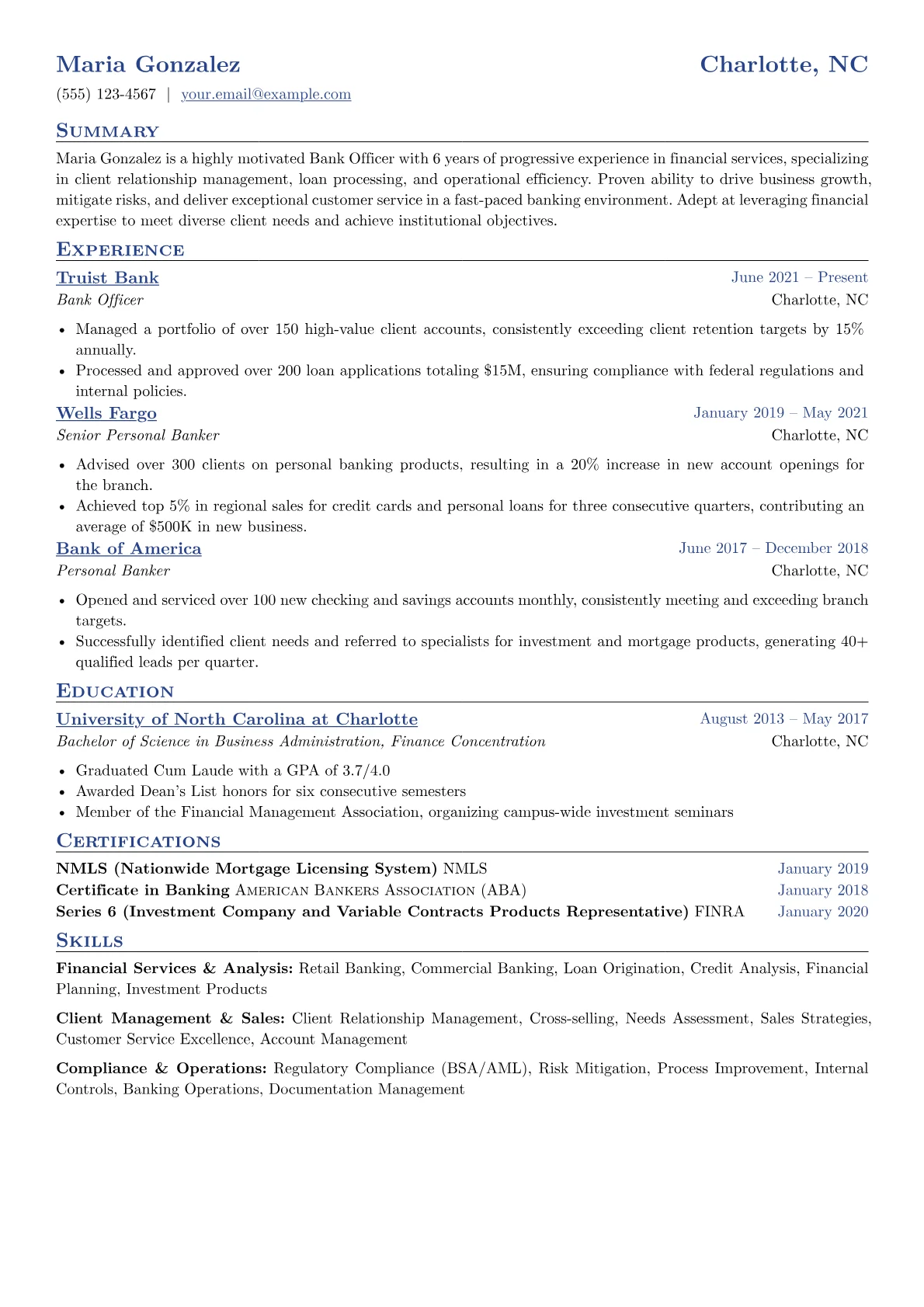 Bank Officer Resume Example CV template - Page 1