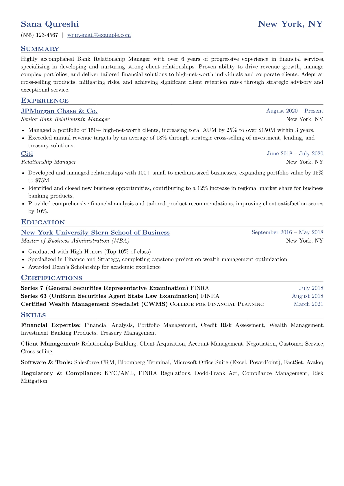 Bank Relationship Manager Resume Example CV template - Page 1