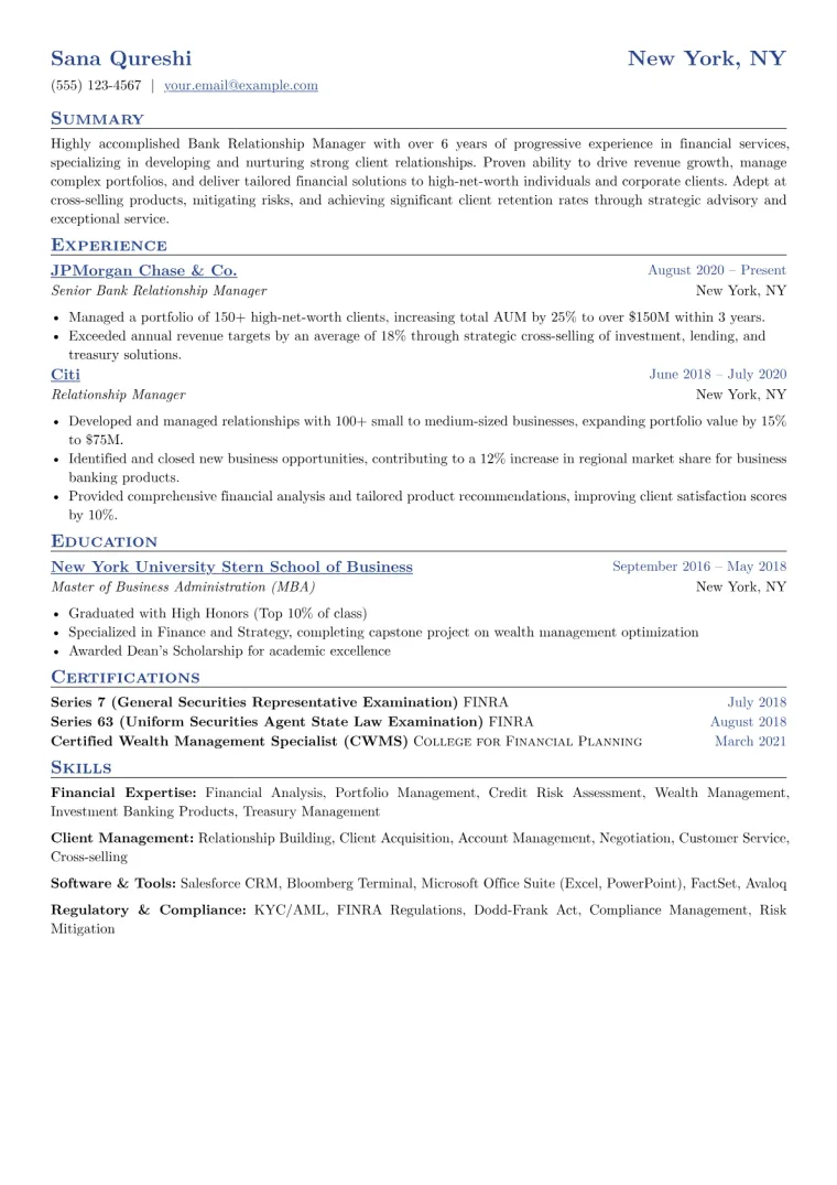Bank Relationship Manager Resume Example CV template preview