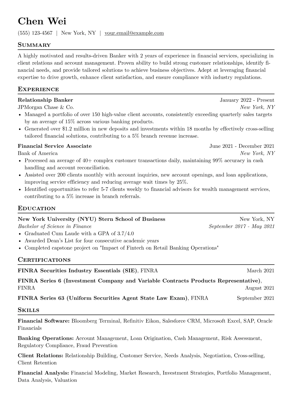 Banker Resume Example CV template - Page 1