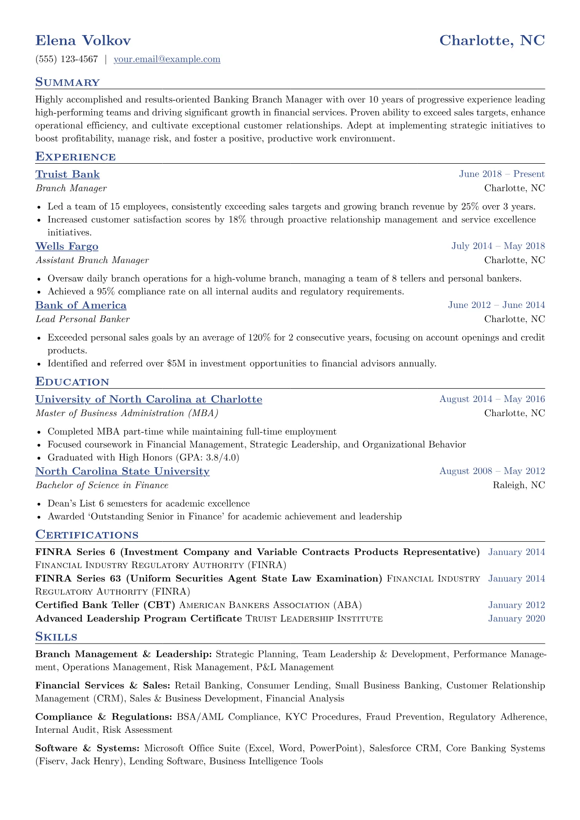 Banking Branch Manager Resume Example CV template - Page 1