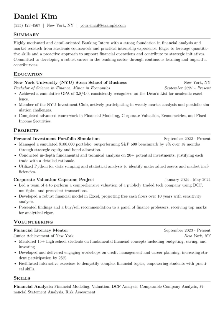 Banking Intern Resume Example CV template preview