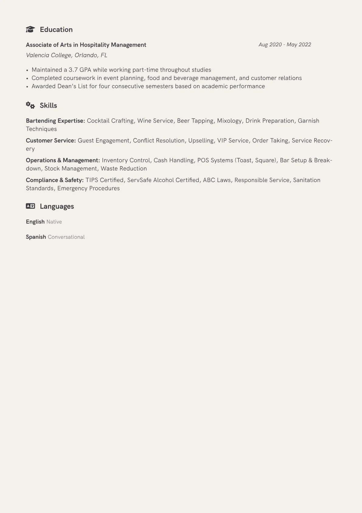 Banquet Bartender Resume Example CV template - Page 2