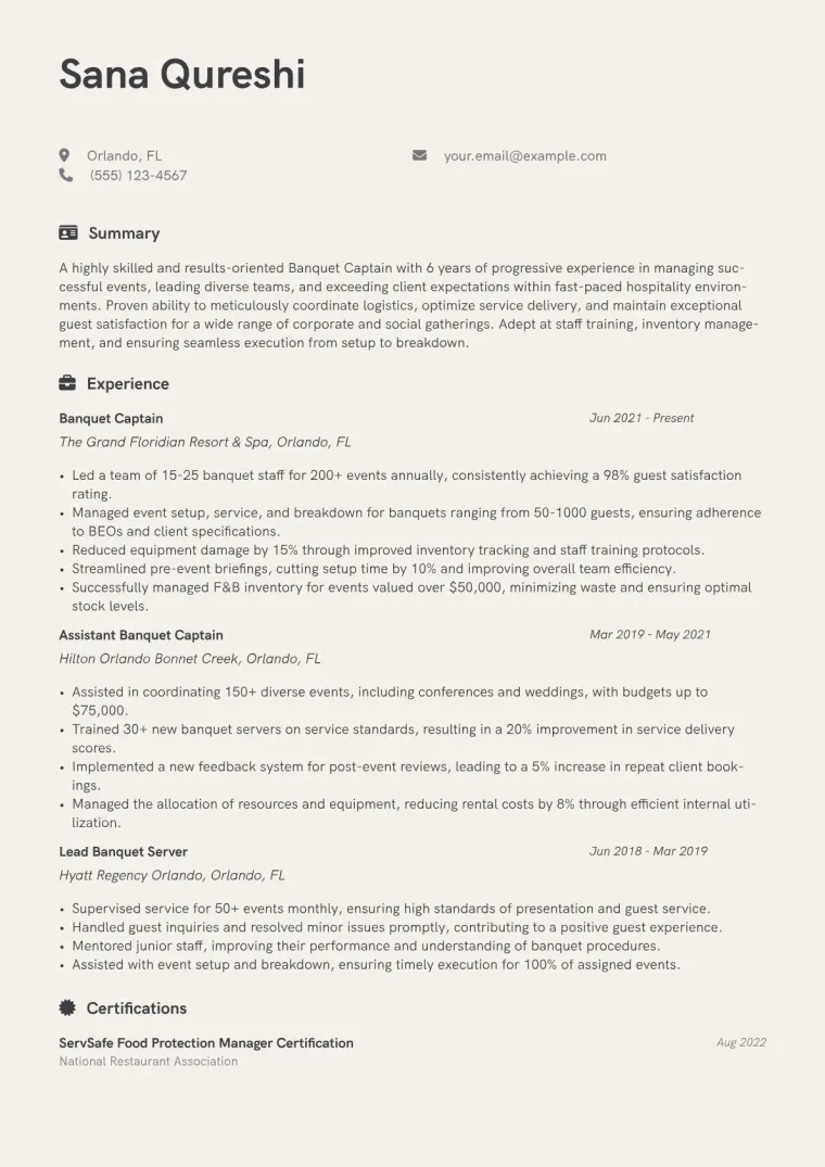 Banquet Captain Resume Example CV template preview
