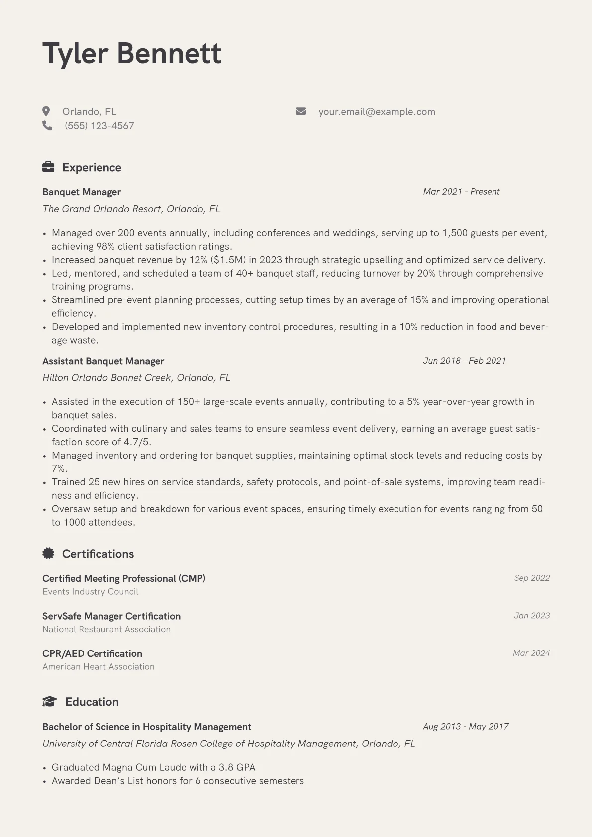 Banquet Manager Resume Example CV template - Page 1