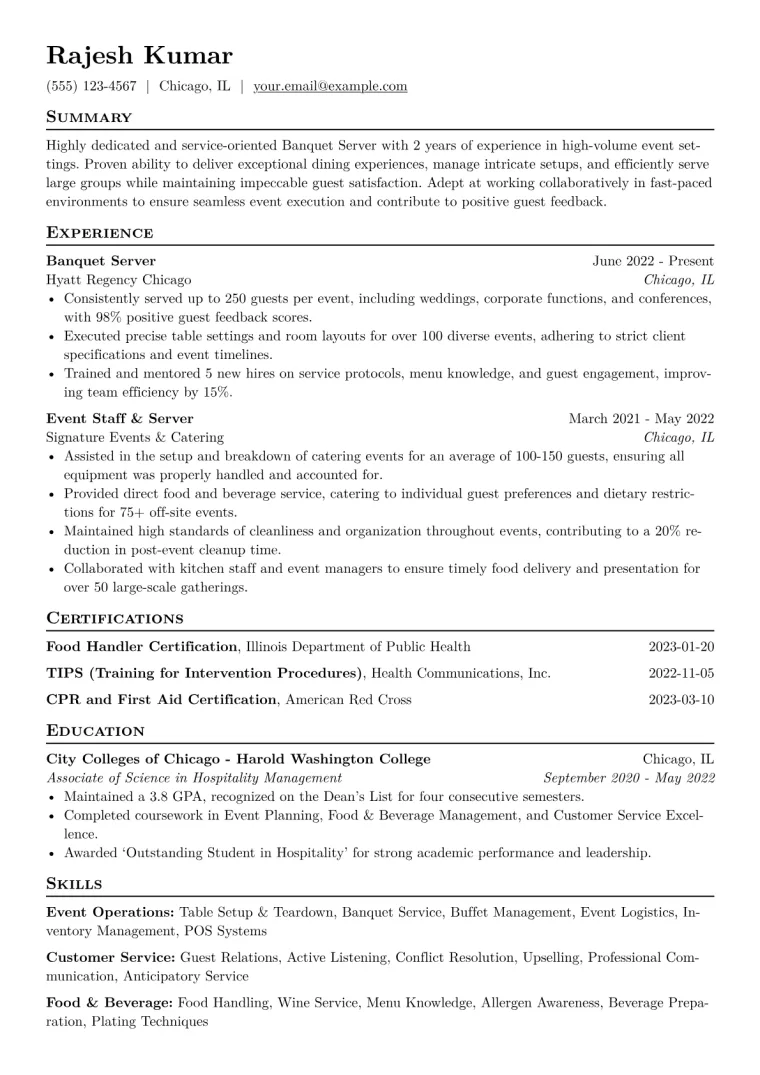 Banquet Server Resume Example