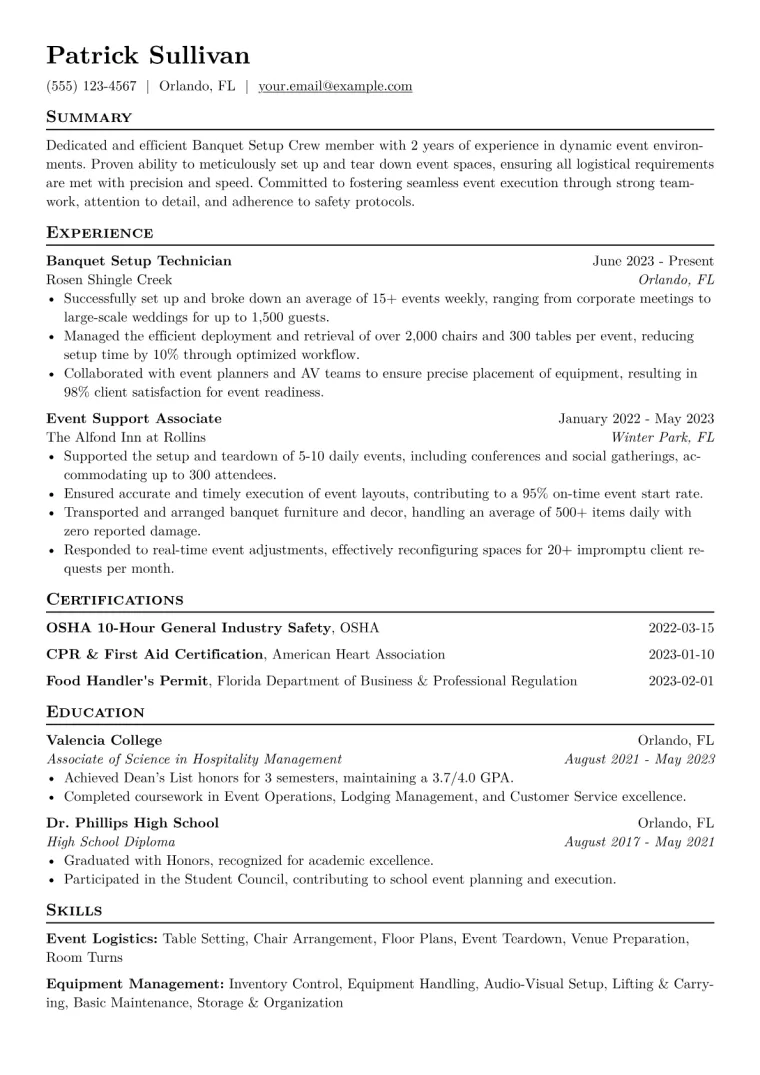 Banquet Setup Crew Resume Example CV template preview