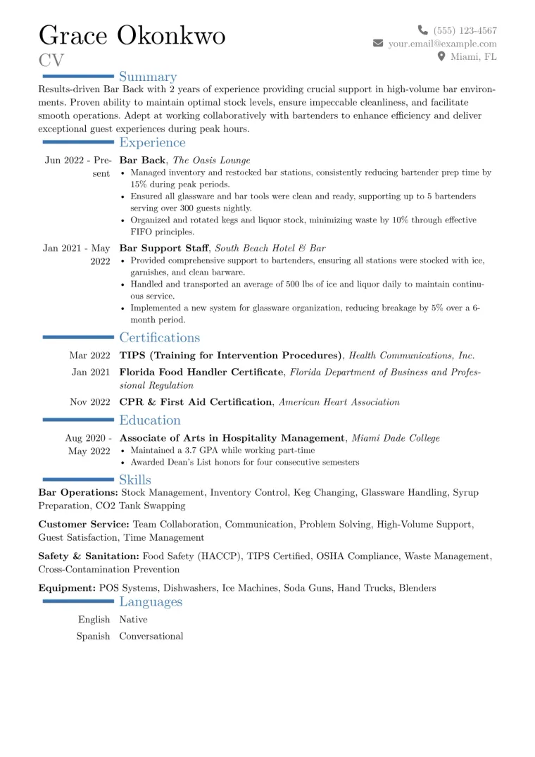 Bar Back Resume Example CV template preview