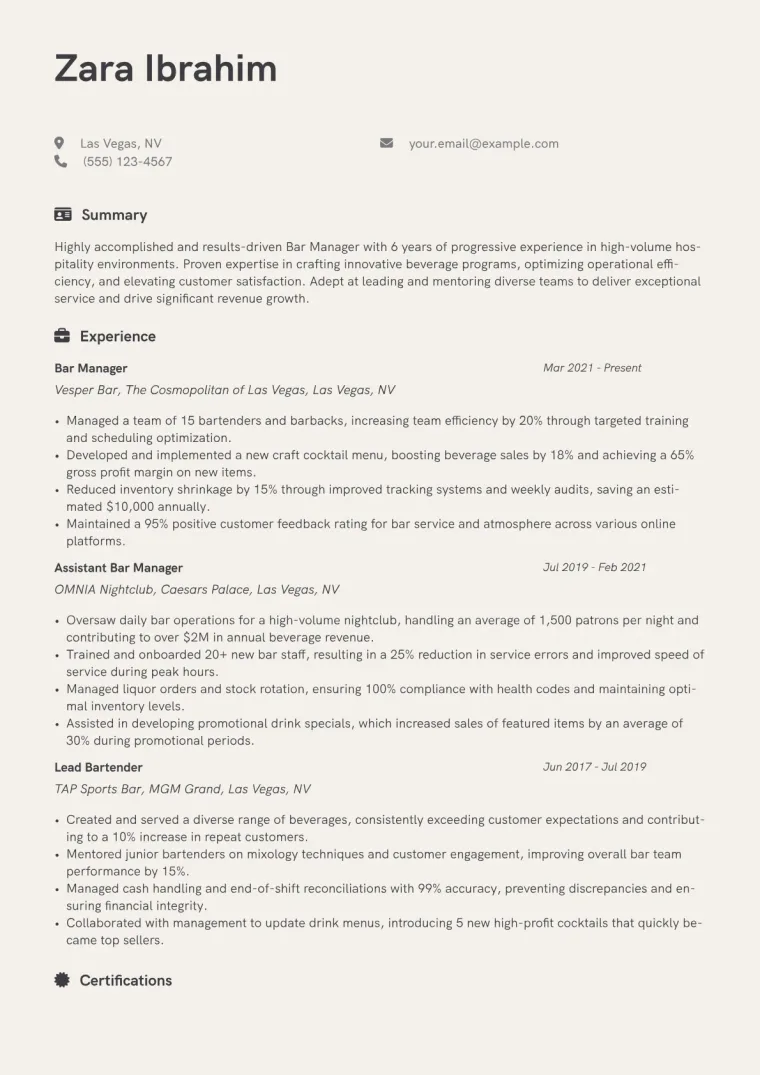 Bar Manager Resume Example CV template preview