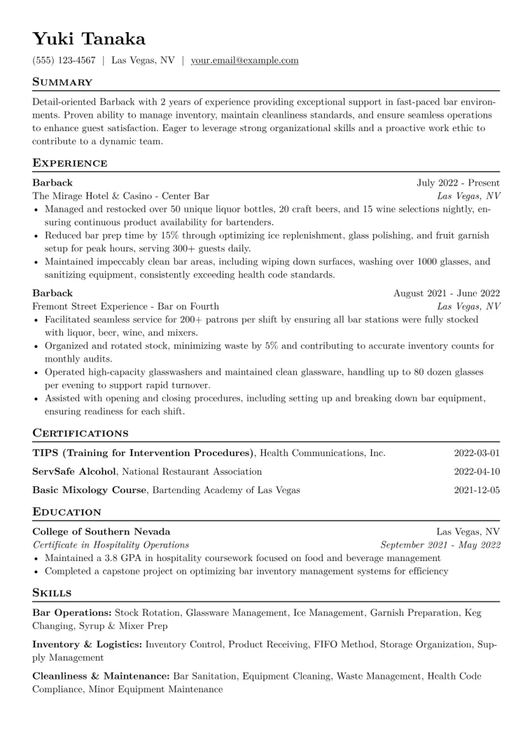 Barback Resume Example CV template preview