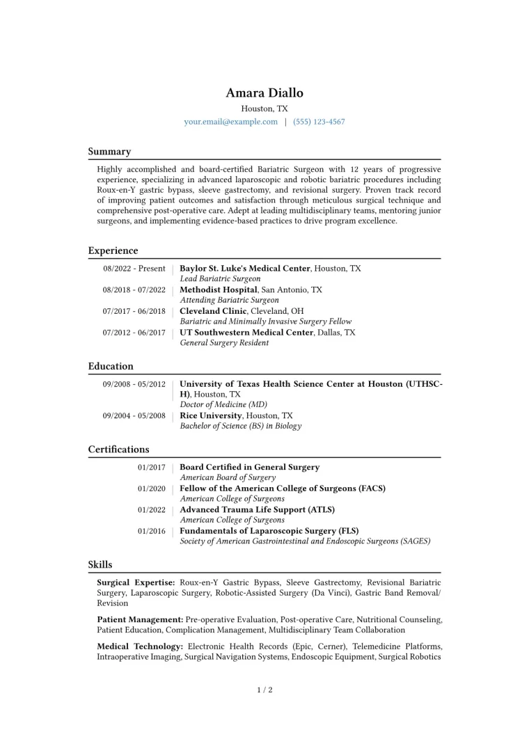Bariatric Surgeon Resume Example CV template preview