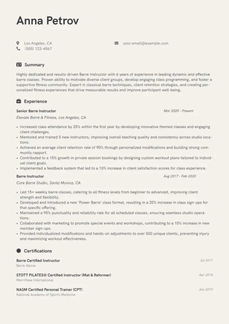 Barre Instructor Resume Example CV template preview