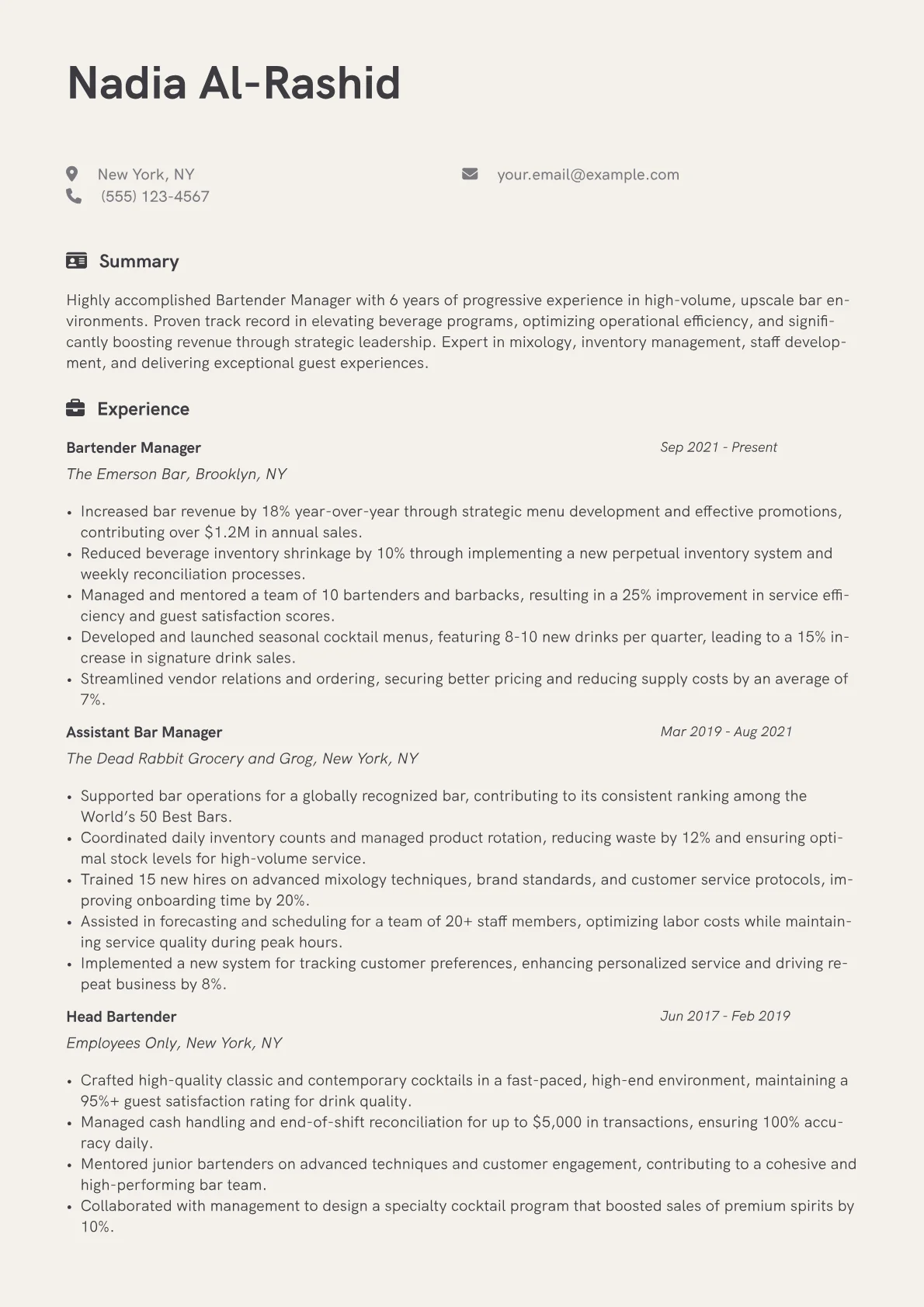 Bartender Manager Resume Example CV template - Page 1