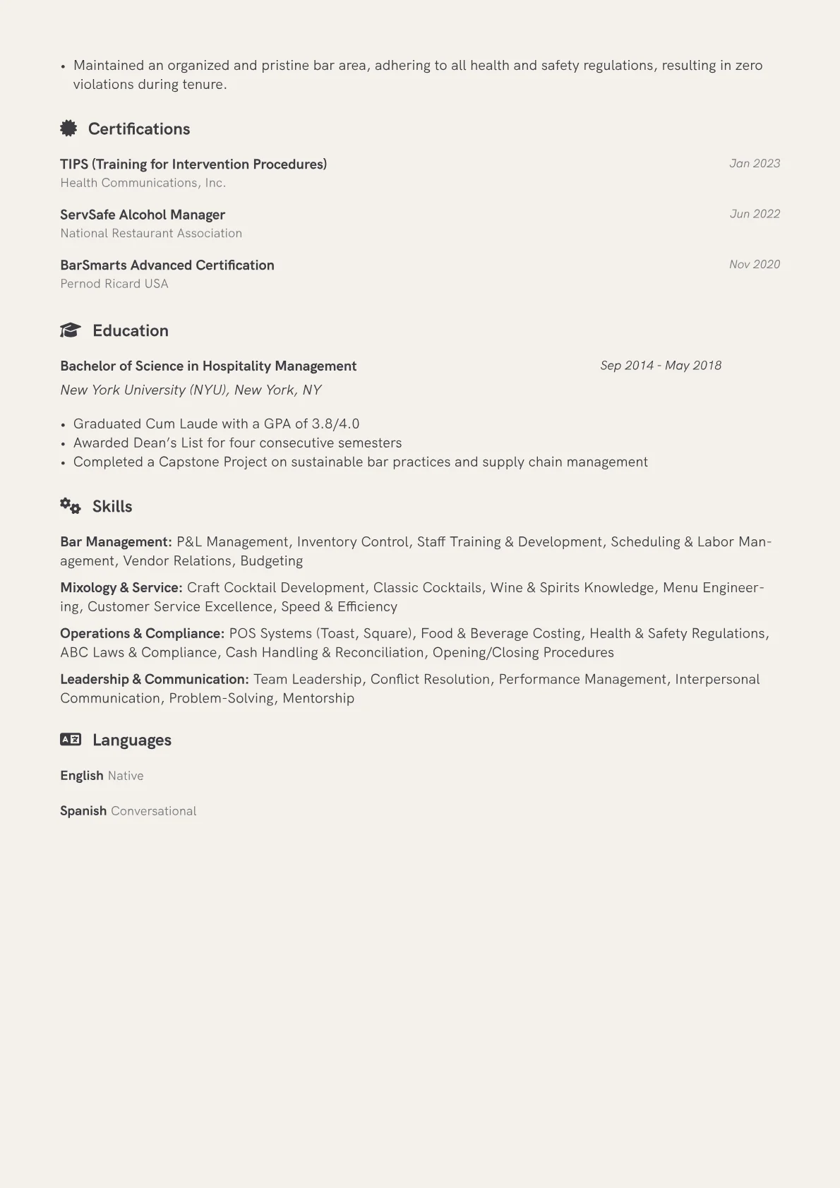 Bartender Manager Resume Example CV template - Page 2