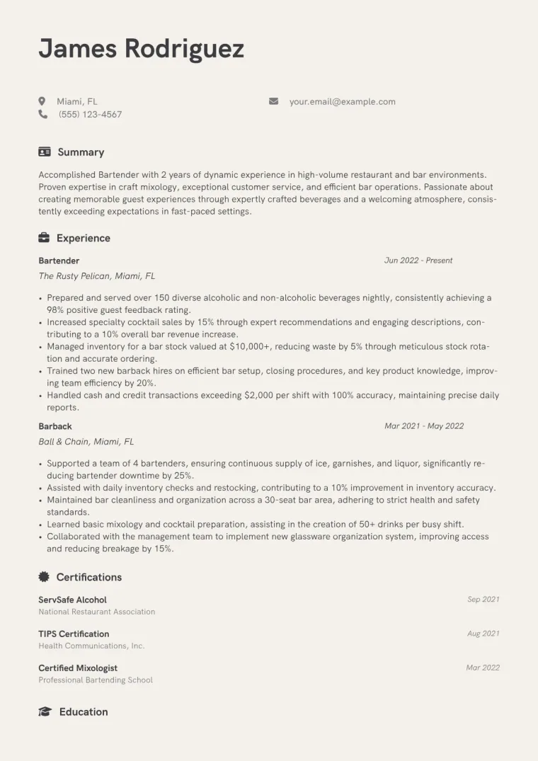 Bartender Resume Example