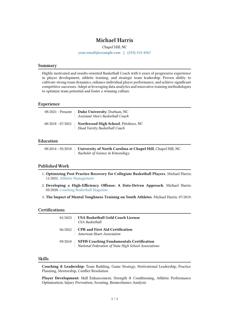 Basketball Coach Resume Example CV template preview