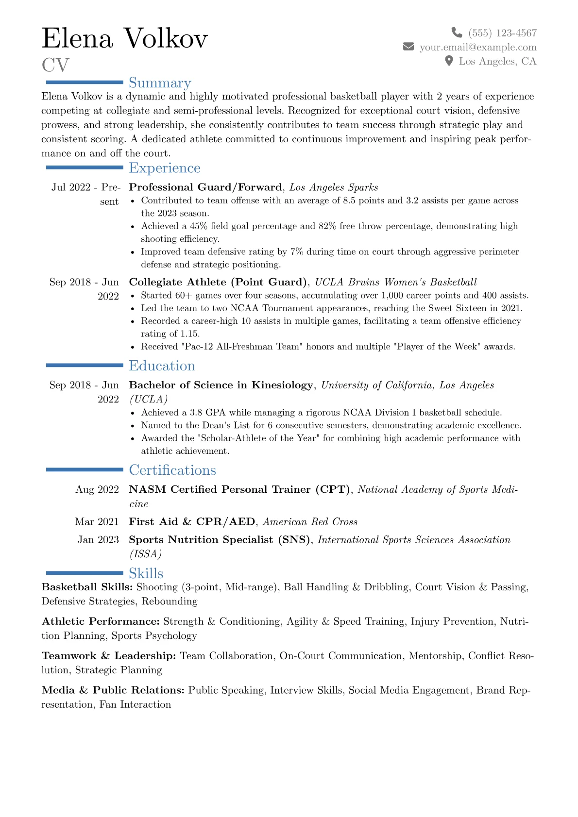 Basketball Player Resume Example CV template - Page 1