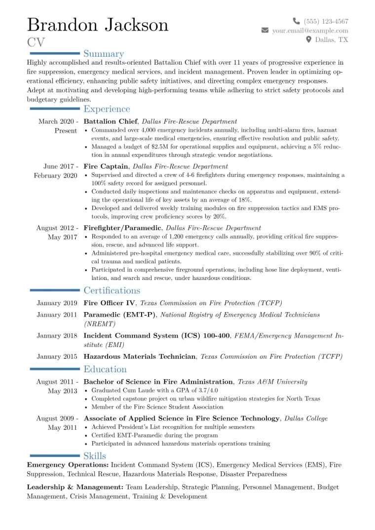 Battalion Chief Resume Example CV template preview