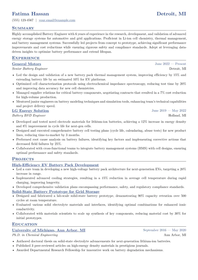 Battery Engineer Resume Example CV template preview