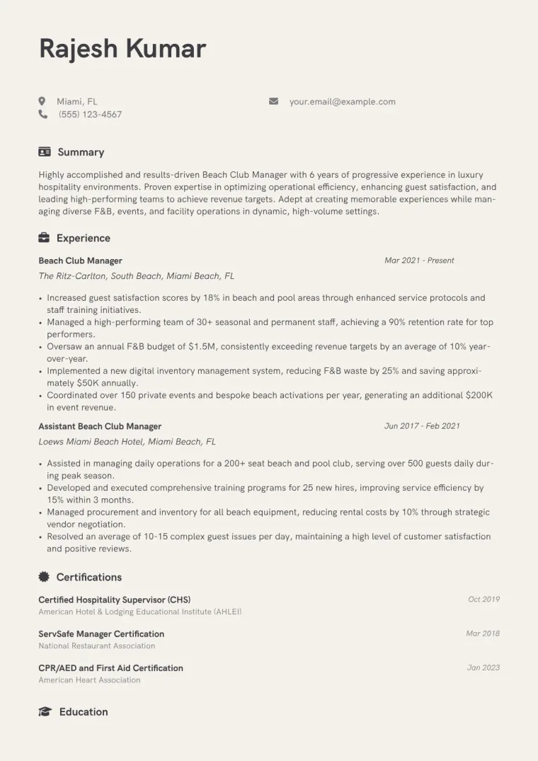 Beach Club Manager Resume Example CV template preview