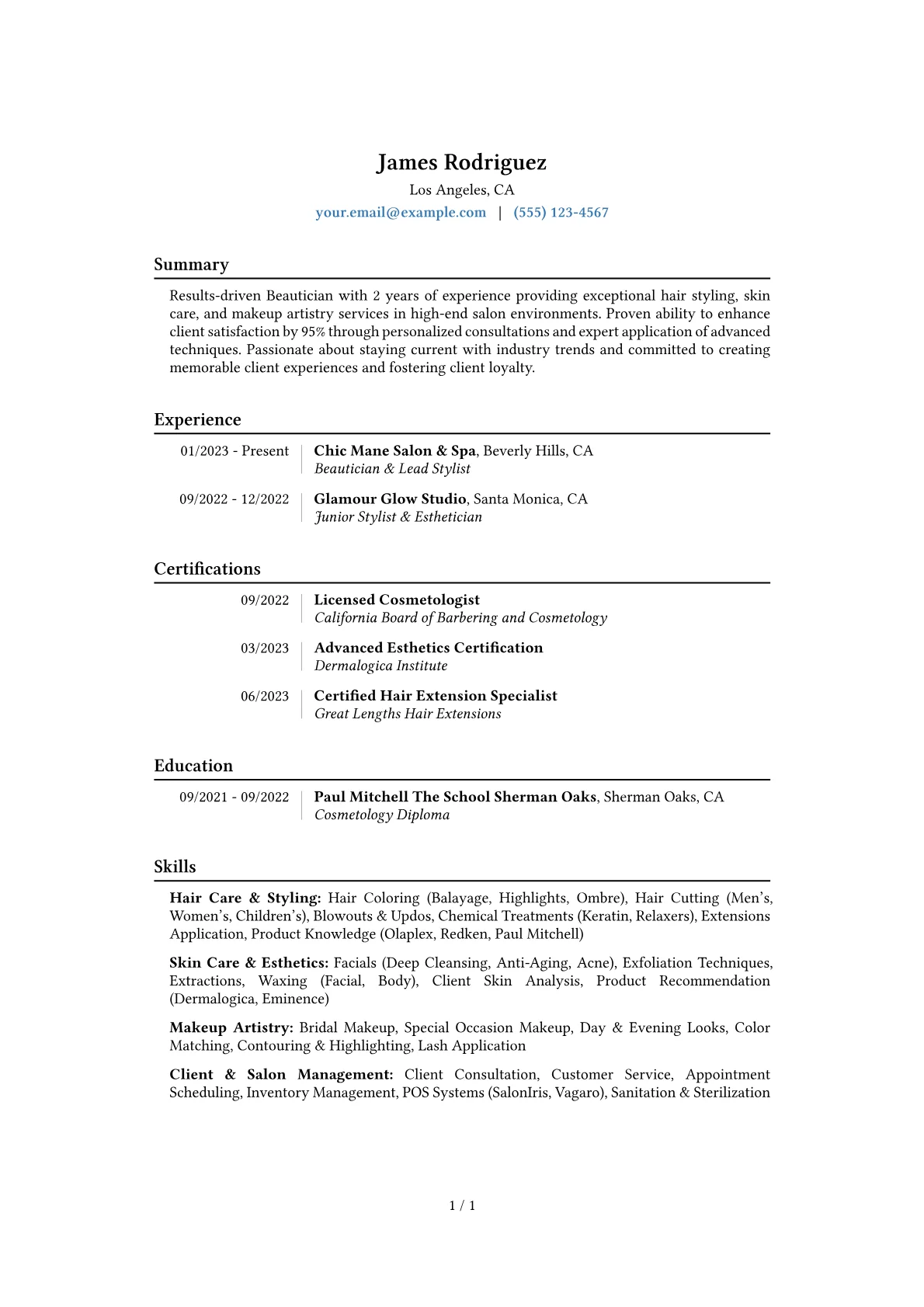 Beautician Resume Example CV template - Page 1