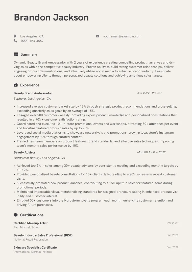 Beauty Brand Ambassador Resume Example CV template preview