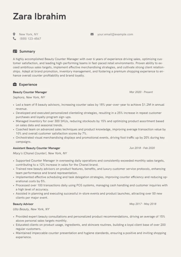Beauty Counter Manager Resume Example CV template preview