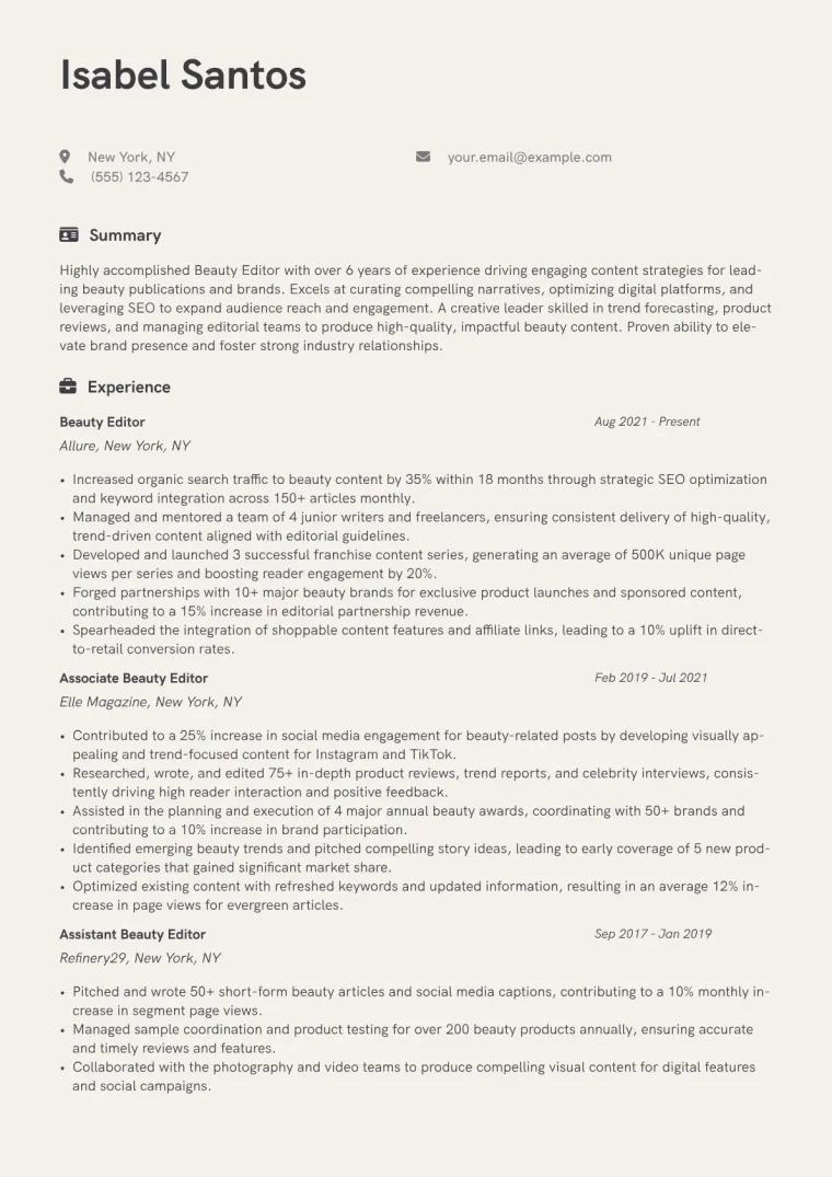 Beauty Editor Resume Example CV template preview